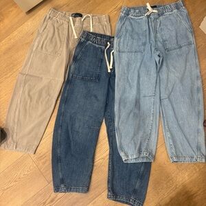 Gap Denim Barrel Jeans - Light Blue, Dark Blue, and Tan